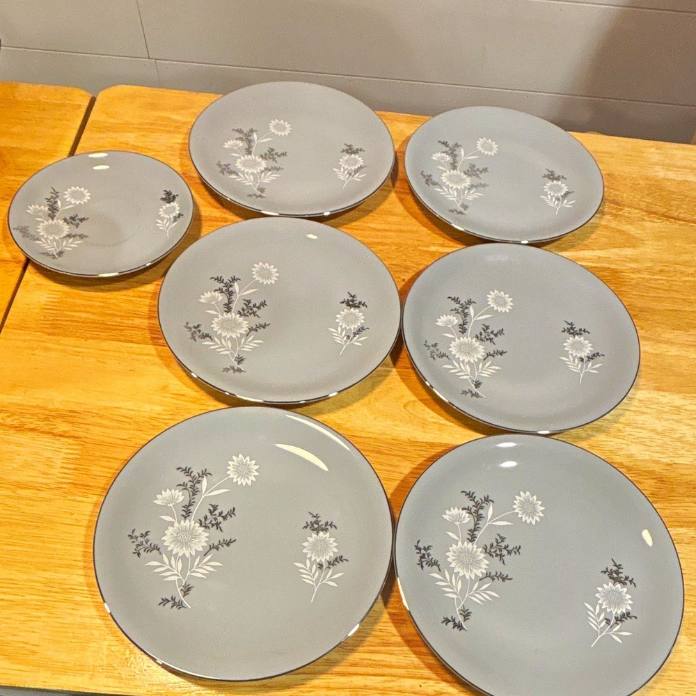 Seyei Starlite  Gray Floral China Salad Plates 8" Set of 6 Japan, 1 Saucer 6"
